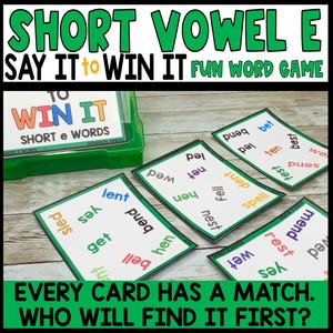 Juego de palabras con vocal E corta, juegos de decirlo para ganar, juego de cartas para unir palabras CVC, noche de juegos en familia