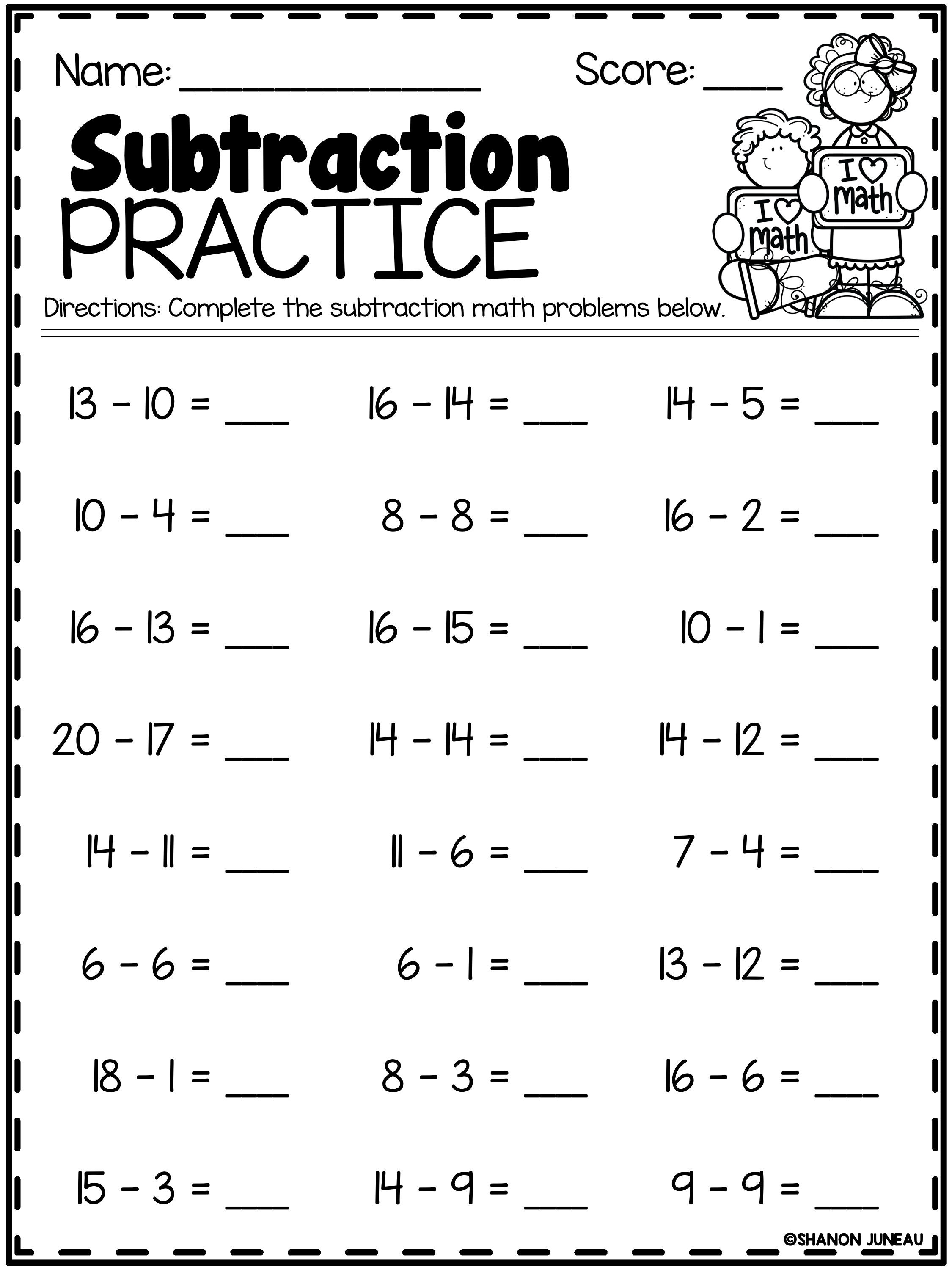 Free Printable Subtraction 1st Grade Math Worksheets
