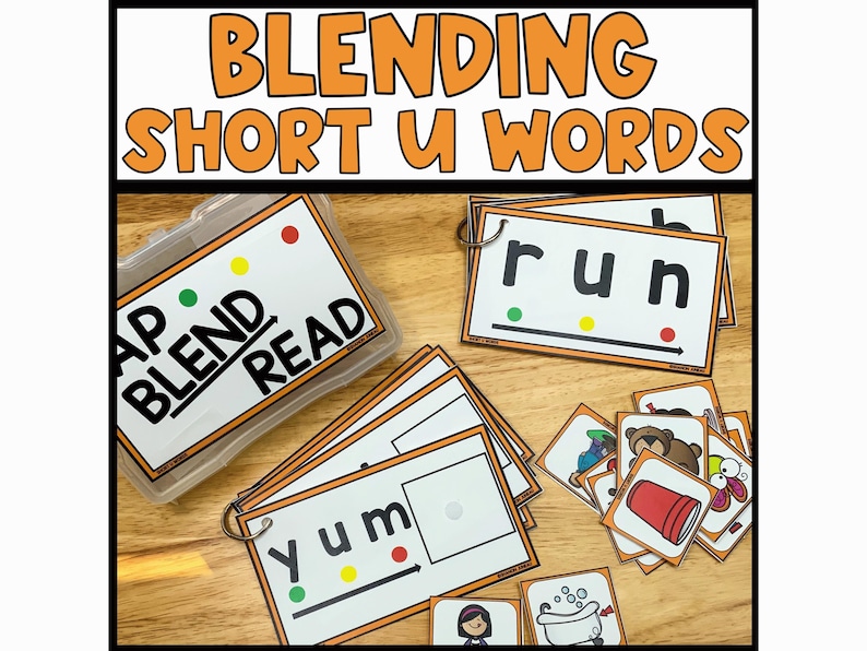 Pu&ograve; includere: Un set di flash card colorate per insegnare ai bambini a fondere le parole brevi con u. Le carte presentano le parole "run", "yum" e "cup" con immagini corrispondenti. Le carte sono etichettate "Blend and Read".