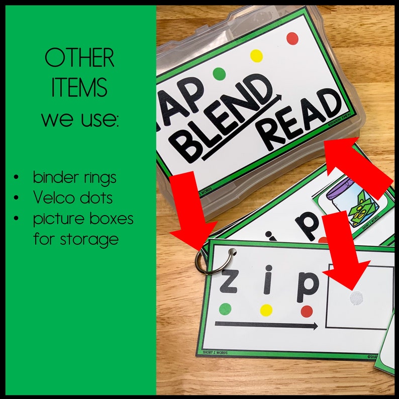 May include: A set of green and white flashcards with the words "AP BLEND READ" on one card and "zip" on another card. The cards are organized in a clear plastic container with red, yellow, and green dots on the front. The cards are used for teaching phonics and reading.