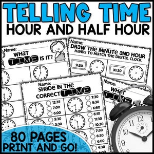 Telling Time Worksheets, Printable Activity Book, Homeschool Activities, Elementary Math Practice Pages