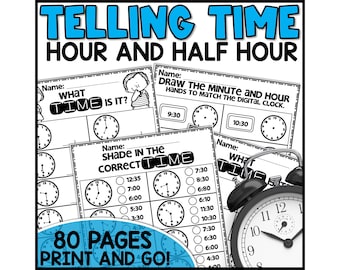 Telling Time Worksheets, Printable Activity Book, Homeschool Activities, Elementary Math Practice Pages