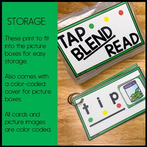 May include: A set of colorful flash cards with the words "Tap Blend Read" on a clear plastic storage box. The cards feature a green, yellow, and red dot system and include a picture of a jar with coins.