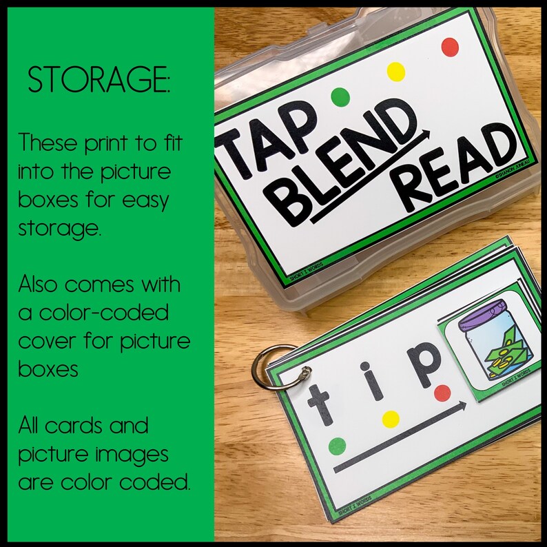 May include: A set of colorful flash cards with the words "Tap Blend Read" on a clear plastic storage box. The cards feature a green, yellow, and red dot system and include a picture of a jar with coins.