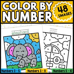 May include: A Color by Number activity set featuring 48 images. Two pages are shown: one with a colored elephant and the word elephant, and one with a black and white car outline and the word car. Text includes Numbers 0-5, 3-8, and 5-10.