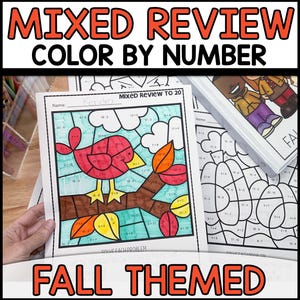 May include: A printable color by number worksheet featuring a fall-themed bird on a branch with leaves. The worksheet includes math problems for students to solve and color the picture according to the answers.