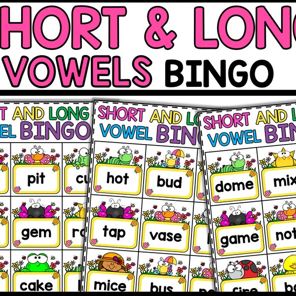 Spring Short and Long Vowel Words Bingo Game Cards, CVC and CVCe Bingo Game Cards