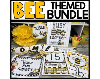BEE THEMED Classroom Decor Elementary Bee Themed Alphabet Posters, Number Posters, Labels, Banners, Name Tags, Ten Frame Number Posters