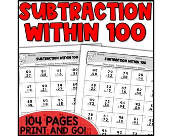 Two-Digit Subtraction Worksheets: Math Drills for Kids (Digital Download)