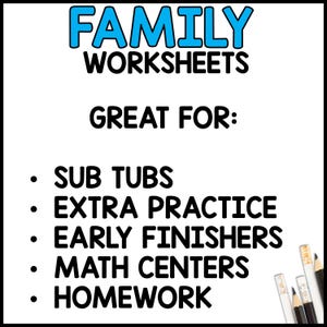 May include: A white background with black text that reads "FAMILY WORKSHEETS" in large letters. Below the title, the text "GREAT FOR:" is written in black. Below that, a list of uses for the worksheets is written in black with bullet points: "SUB TUBS", "EXTRA PRACTICE", "EARLY FINISHERS", "MATH CENTERS", and "HOMEWORK".