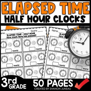May include: Black and white printable worksheets for 3rd grade students to practice elapsed time using half hour clocks. The worksheets feature clocks with hands and arrows indicating the passage of time. The title of the worksheets is "Elapsed Time - Half Hour Clocks". There are 50 pages of worksheets.
