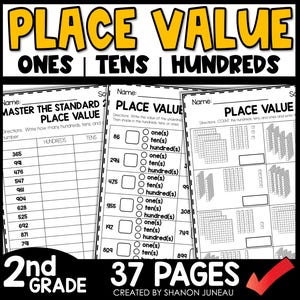 May include: Black and white printable worksheets for second grade students to practise place value skills. The worksheets include a table to write the number of hundreds, tens, and ones in a given number, and a section with base ten blocks to count the hundreds, tens, and ones.