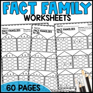 May include: Black and white printable worksheets for learning math fact families. The worksheets feature house-shaped outlines with blank spaces for students to fill in the missing numbers for addition and subtraction equations. The worksheets are labeled "Fact Families to 10", "Fact Families to 12", and "Fact Families to 20".