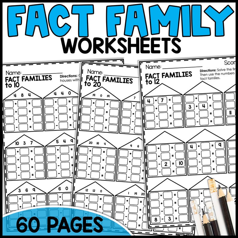 May include: Black and white printable worksheets for learning math fact families. The worksheets feature house-shaped outlines with blank spaces for students to fill in the missing numbers for addition and subtraction equations. The worksheets are labeled "Fact Families to 10", "Fact Families to 12", and "Fact Families to 20".