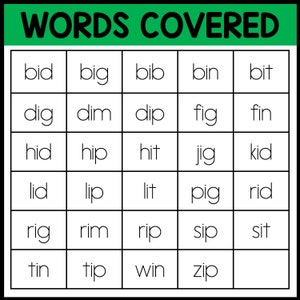 May include: A green and white grid with the words "WORDS COVERED" at the top. The grid contains a list of words with the letter combinations "id", "ig", "ip", "in", "it", and "im".