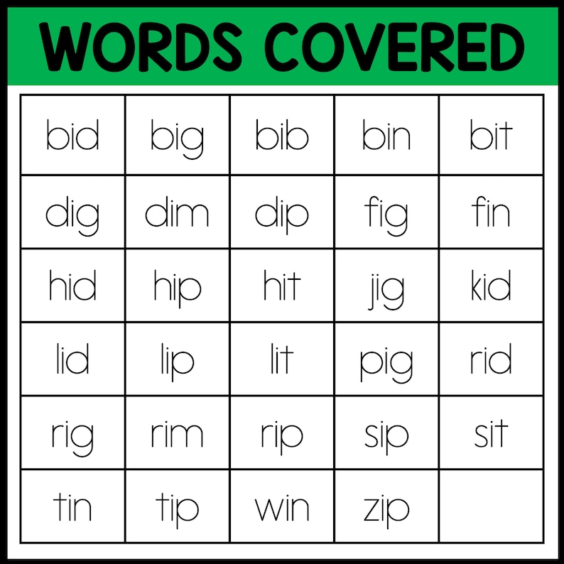 May include: A green and white grid with the words "WORDS COVERED" at the top. The grid contains a list of words with the letter combinations "id", "ig", "ip", "in", "it", and "im".