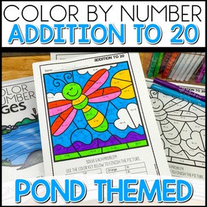 May include: Colour by number activity sheet featuring a dragonfly with a pond theme. The sheet includes addition problems up to 20. The colour key includes the colours orange, green, and blue.