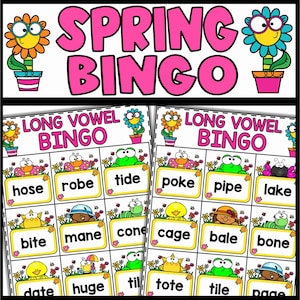 May include: Two colorful bingo cards with a spring theme. Each card has a title "Long Vowel Bingo" and features words like "hose", "robe", "tide", "poke", "pipe", "lake", "bite", "mane", "cone", "cage", "bale", "bone", "date", "huge", "til", "tote", "tile", and "page".