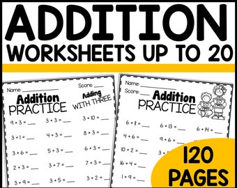 120 wiskundewerkbladen van het eerste leerjaar, afdrukbaar activiteitenboek, thuisschoolactiviteiten, elementaire optelling wiskundepraktijkpagina's