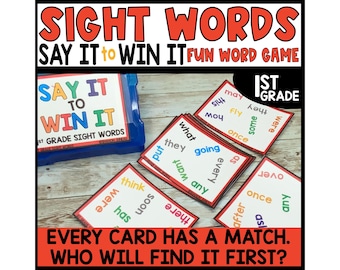 Könnte beinhalten: Ein farbenfrohes Set mit Wortkarten für die erste Klasse. Die Karten befinden sich in einer Box mit der Aufschrift "Say It To Win It" auf der Vorderseite. Die Karten zeigen Wörter wie "they", "what", "going", "every", "as", "any", "soon", "has", "were", "think", "put", "may", "fly", "some", "once", "after", "up", "and", "over", "once", "were", "$144", "моч".