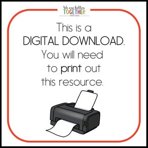 Pu&ograve; includere: Un'illustrazione in bianco e nero di una stampante con un foglio di carta che ne esce. Il testo "Questo &egrave; un DOWNLOAD DIGITALE. Dovrai stampare questa risorsa." &egrave; visualizzato sopra la stampante.