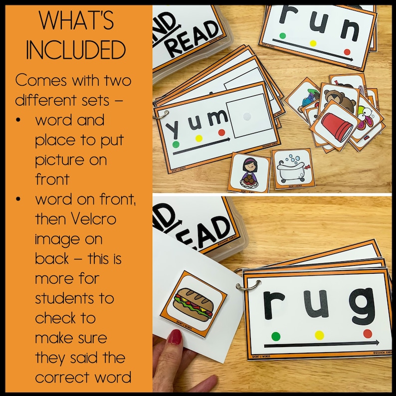 Pu&ograve; includere: Un set di flashcard arancioni e bianche con parole e immagini. Le parole sono "run", "yum", "rug" e "read". Le immagini sono una tazza rossa, una vasca da bagno, un panino e un orso.