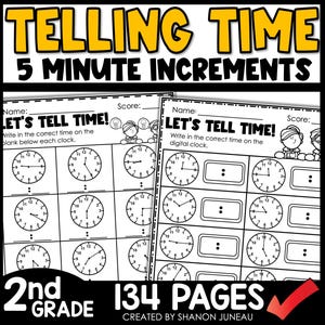 Telling Time Worksheets, 5 Minute Increments, Printable Activity Book, Homeschool Activities, Elementary Math Practice Pages