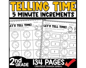 May include: Black and white printable worksheets for learning to tell time. The worksheets feature analog clocks and digital clocks. The title of the worksheets is "Let's Tell Time!" and the text "2nd Grade" and "134 Pages" is at the bottom of the page.