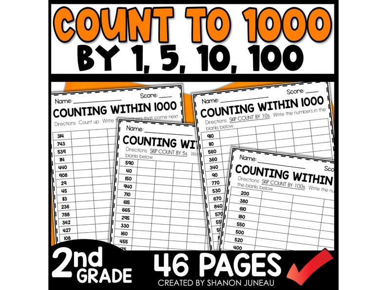 May include: Black and white printable worksheets for second grade students to practice counting within 1000 by 1, 5, 10, and 100. The worksheets have a title that says "Counting Within 1000" and include directions for students to count up and write the numbers that come next.