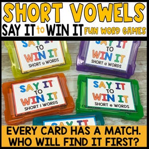 Juego de palabras con vocales cortas, juego de cartas para unir palabras CVC, noche de juegos en familia, juegos de decirlo para ganar