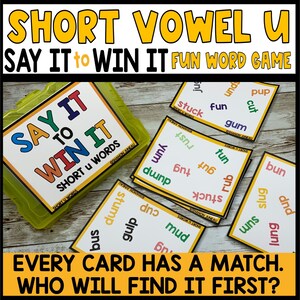 Juego de palabras con vocales cortas U, juegos de decirlo para ganar, juego de cartas para unir palabras CVC, noche de juegos en familia, fonética imprimible