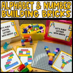 May include: Educational toy set featuring colorful building bricks for learning the alphabet and numbers. The image shows various letters and numbers constructed with the bricks, along with containers and cards that say "Let's Build Letters With Bricks".