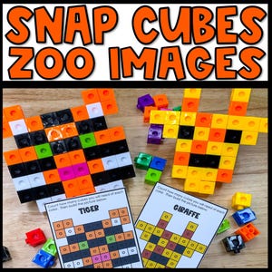 May include: Image of colorful snap cubes arranged to form a tiger and a giraffe, with corresponding instruction cards. The text "SNAP CUBES ZOO IMAGES" is at the top. Various colored cubes are scattered around the animal figures.