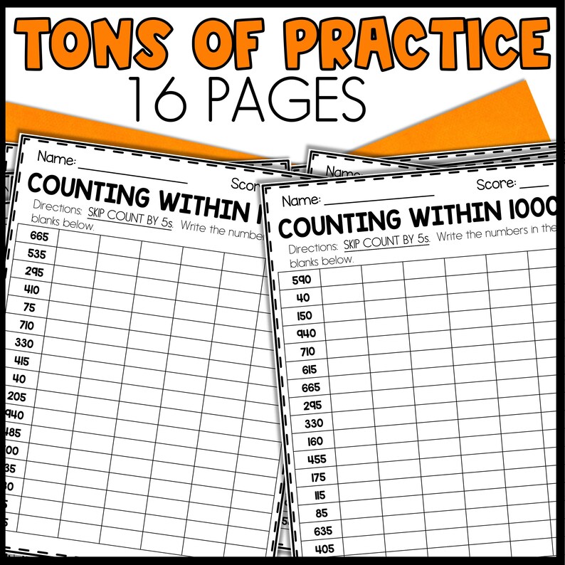 May include: Black and white printable worksheet with the title "Counting Within 1000". The worksheet has directions to skip count by 5s and fill in the blanks. The numbers 590, 40, 150, 940, 710, 615, 665, 295, 330, 160, 455, 175, 85, 635, and 405 are listed on the worksheet.
