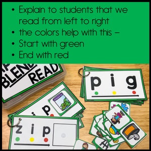 May include: A set of green and white flash cards with the word "pig" written on them. The letters are color-coded with green, yellow, and red dots to help students learn to read.