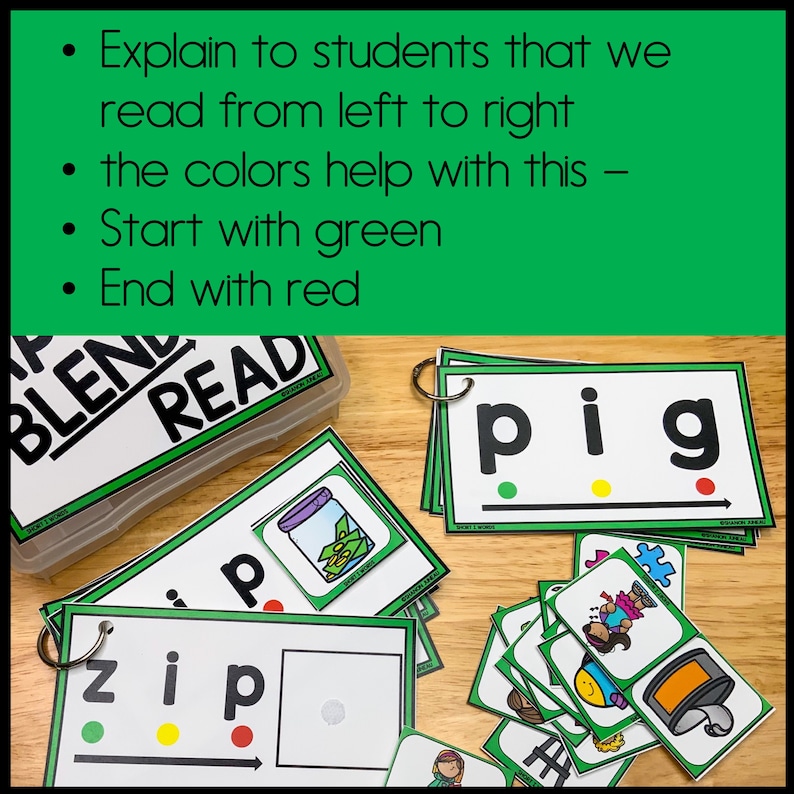 May include: A set of green and white flash cards with the word "pig" written on them. The letters are color-coded with green, yellow, and red dots to help students learn to read.