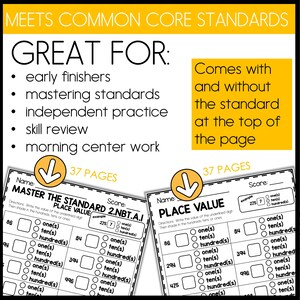 Puede incluir: Una hoja de trabajo en blanco y negro con el t&iacute;tulo "Master the Standard 2.NBT.A.1 Place Value" y "Place Value". La hoja de trabajo tiene una cuadr&iacute;cula con n&uacute;meros y c&iacute;rculos para colorear que representan unidades, decenas y centenas. La hoja de trabajo est&aacute; dise&ntilde;ada para que los estudiantes practiquen el valor posicional.