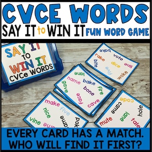 Juego de palabras con la E mágica, juegos de decirlo para ganar, juego de cartas CVCe para combinar, noche de juegos en familia, primer grado, recurso para la educación en casa, ejercicios con vocales largas