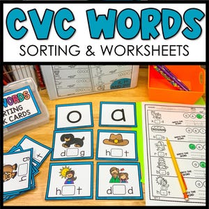 May include: A set of CVC word sorting cards with pictures and blank spaces for writing letters. The cards are blue with white letters and pictures. There is also a worksheet with CVC words to write.