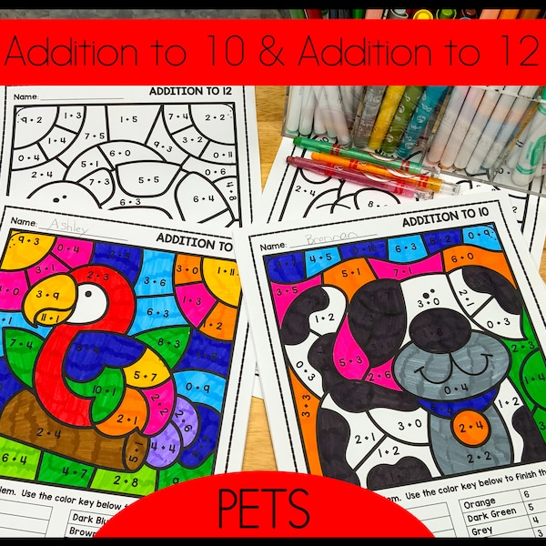 Addition to 10, Addition to 12, Color by Number Worksheets, Color by Code Printable Activity Book, Homeschool Activities