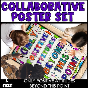May include: A colorful classroom poster set with the words "Only Positive Attitudes Beyond This Point" in a rainbow color scheme. The poster is designed to be used in a collaborative setting, with each student adding their own positive message.