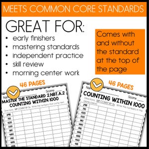 May include: Two black and white worksheets with checkmarks. The first worksheet is titled "Master the Standard 2.NBT.A.2 Counting Within 1000" and the second worksheet is titled "Counting Within 1000". Both worksheets have a grid with numbers to fill in.
