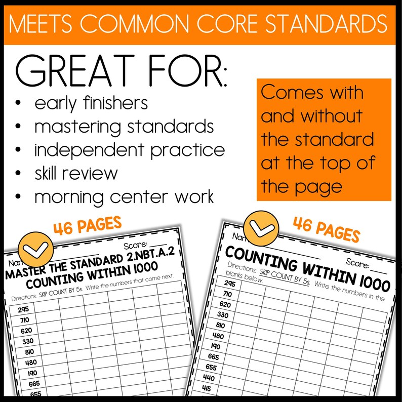 May include: Two black and white worksheets with checkmarks. The first worksheet is titled "Master the Standard 2.NBT.A.2 Counting Within 1000" and the second worksheet is titled "Counting Within 1000". Both worksheets have a grid with numbers to fill in.