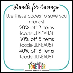 May include: A teal blue square with rounded corners contains text that reads "Bundle for Savings".  The text continues with "Use these codes to save you money!" and lists three discount codes: "20% off 3 items (code: JUNEAU3)", "30% off 5 items (code JUNEAU5)", and "40% off 8 items (code JUNEAU8)".  The text at the bottom reads "We are better TOGETHER SHANON JUNEAU".