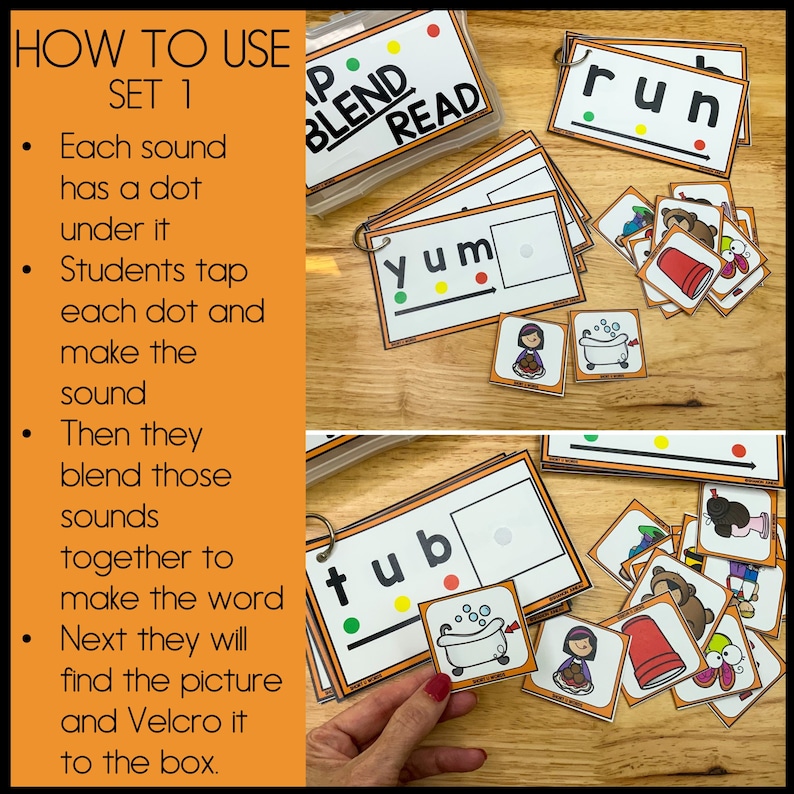 Pu&ograve; includere: Un set di carte arancioni e nere con le parole "Blend Read" e "Run", "Yum" e "Tub" su di esse. Ogni carta ha un punto sotto ogni lettera. Ci sono anche piccole carte con immagini di una tazza rossa, una vasca da bagno, un orso e una ragazza.