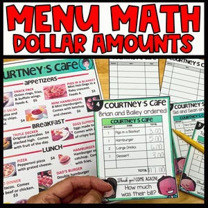 Life Skills Money Math Menu, Counting Money Practice, Whole Dollar Math Practice, Homeschool Activities, Real-World Menu Math