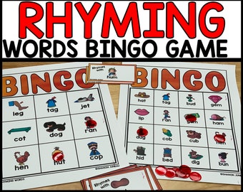 Rhyming Words Bingo Game Cards, 1st Grade Sight Words, Bingo short vowel word practice