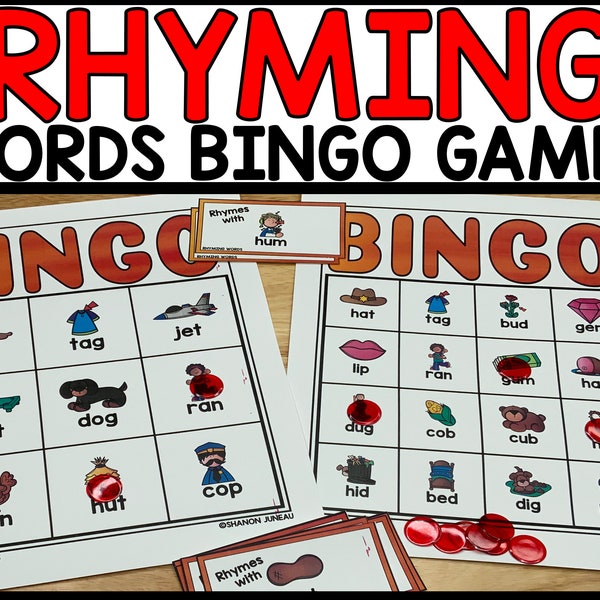 Rhyming Words Bingo Game Cards, 1st Grade Sight Words, Bingo short vowel word practice