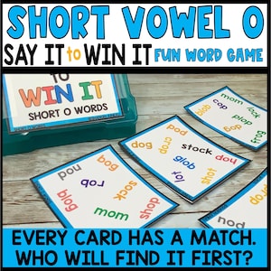 Juego de palabras con vocal O corta, juegos de decirlo para ganar, juego de cartas para unir palabras CVC, noche de juegos en familia