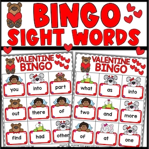 Cartões de jogo de bingo de palavras visuais do Dia dos Namorados, palavras visuais da 1ª série, jogo de bingo do Dia dos Namorados